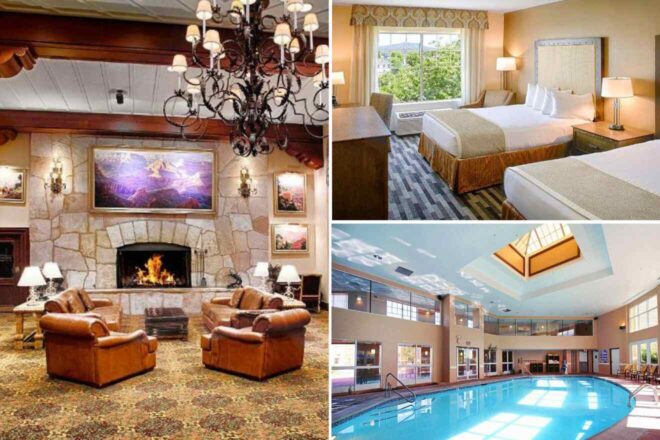 A collage of four hotel photos to stay in the Grand Canyon: A luxurious lounge with a fireplace and leather chairs, a comfortable hotel room with two queen beds and warm lighting, and a spacious indoor pool with high ceilings and ample seating