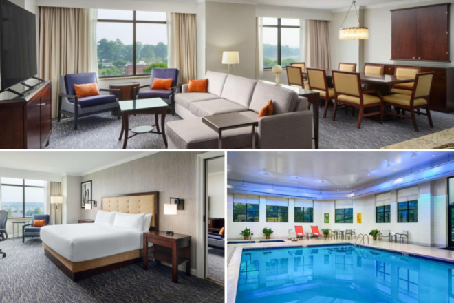 A collage of three hotel photos to stay in Richmond: a spacious suite with a comfortable living area and modern decor, a serene bedroom with a large window offering city views, and an indoor pool area with natural light and seating arrangements for relaxation.