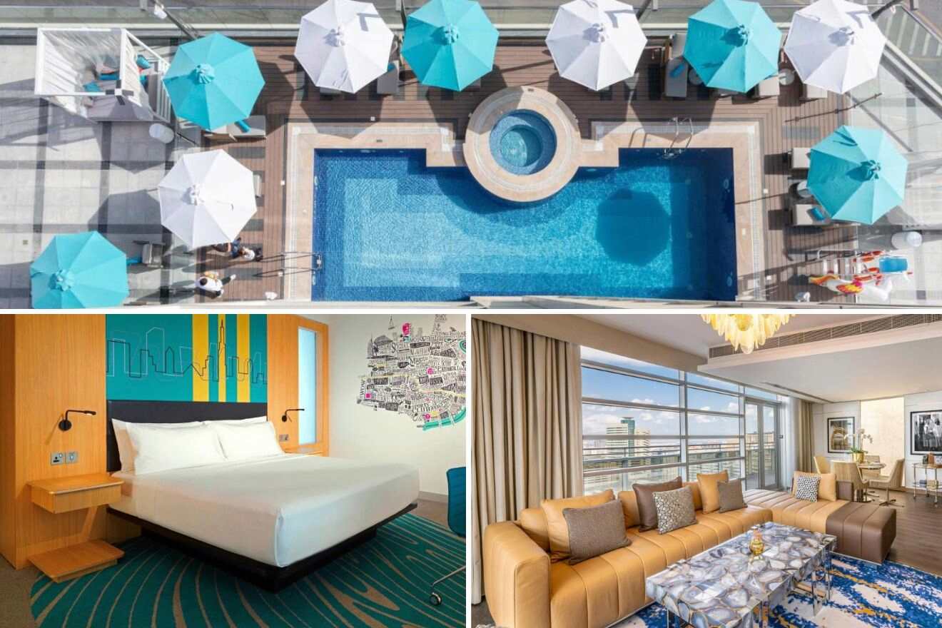 A collage of three hotel photos to stay in Deira (Old Dubai) with kids: displaying a top-down view of a pool with sun loungers, a vibrant hotel room with city-inspired wall art, and a spacious living room overlooking the bustling city