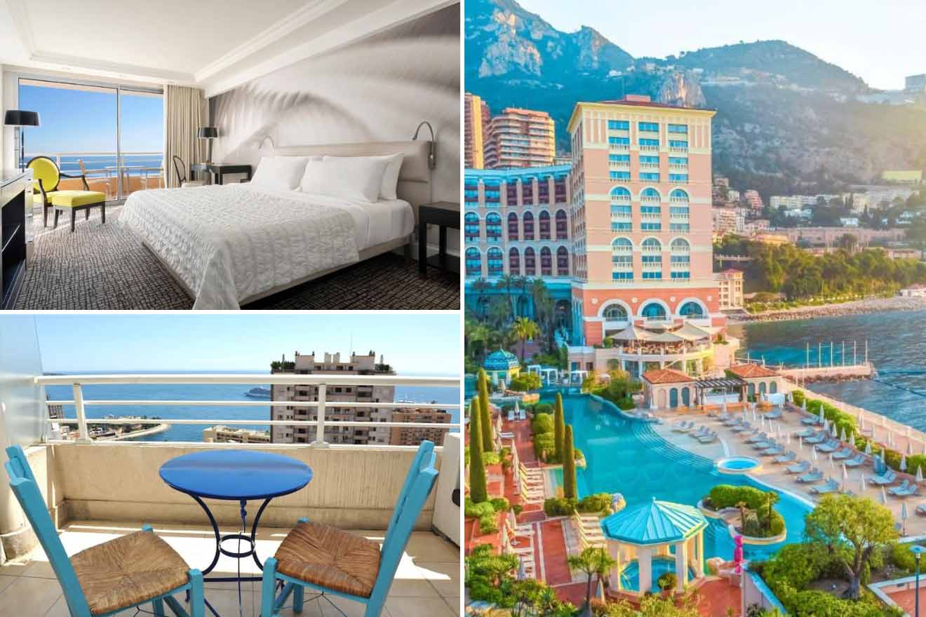 A collage of three hotel photos to stay in Larvotto: A room with floor-to-ceiling windows offering stunning sea views, a balcony overlooking the Mediterranean Sea, and a lavish exterior view of a hotel with poolside amenities.
