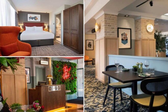A collage of three hotel photos to stay in Birmingham: a bright room with a large round chair and neutral tones, a chic dining area with stylish furnishings and artwork, and a welcoming hotel reception with a green plant wall and vibrant neon sign.