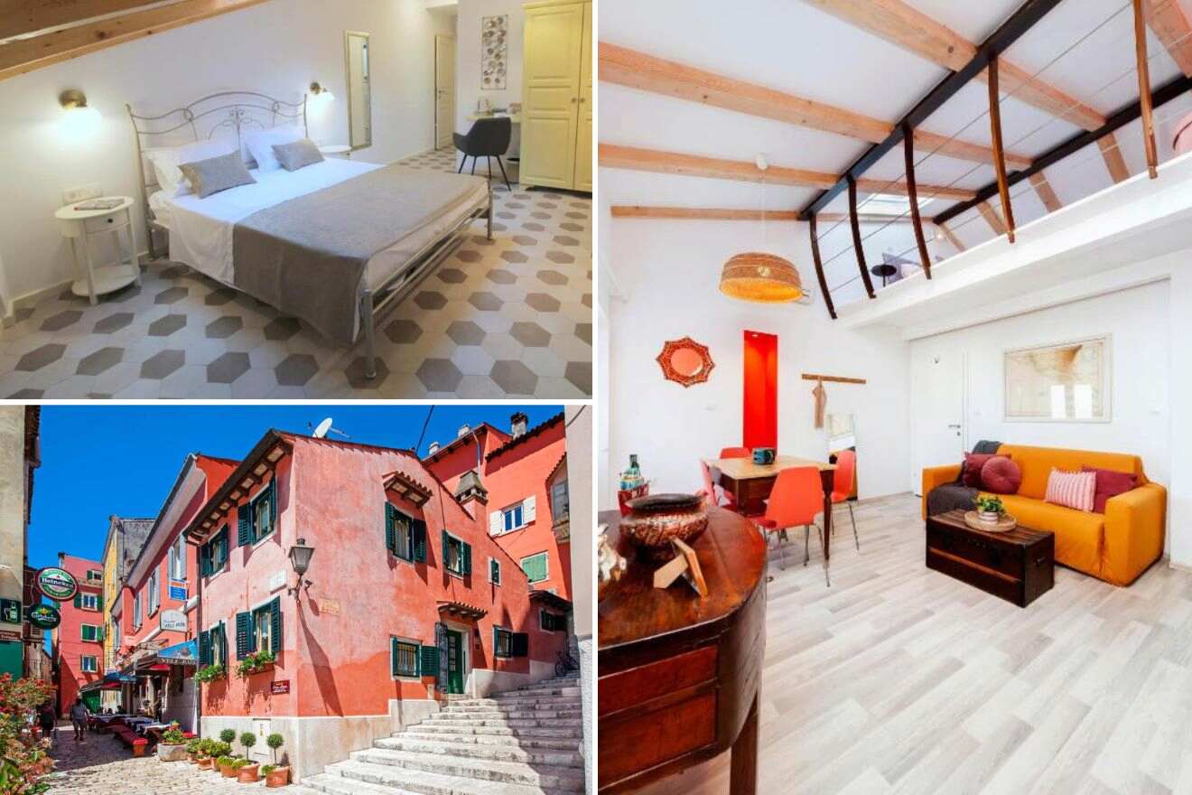 A collage of three luxury apartment photos in Rovinj, Croatia: featuring a sophisticated bedroom with a colorful accent wall, an ornate traditional building, and a stylish loft living area with bright furnishings