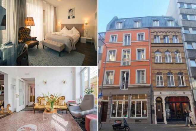 A collage of three hotel photos to stay in Cologne: a cozy room featuring plush bedding and a vintage armchair, a bright lounge with eclectic furniture and a welcoming atmosphere, and the warm, inviting exterior of a traditional red hotel