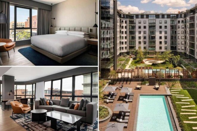 A collage of three hotel photos to stay in Johannesburg: a minimalistic room with large windows and a city view, a courtyard view showing an inner garden, and a rooftop pool area with lounge chairs and a wooden deck