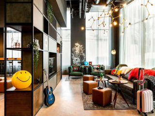 Lounge area with quirky decorations and hanging lights