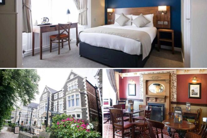 A collage of three hotel photos to stay in Cardiff: a neat bedroom with a comfortable bed, a work desk with a classic wooden chair by the window, the inviting stone facade of a hotel with lush greenery, and a traditional pub interior with wooden tables and a fireplace.