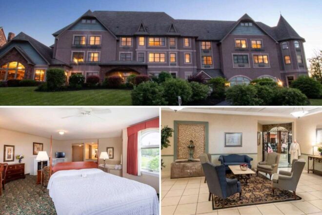 A collage of three hotel photos to stay in the Finger Lakes: a majestic evening view of a large, lit-up hotel building, a spacious bedroom with minimalist decor, and a comfortable lounge area with ample seating and a neat, welcoming entrance.