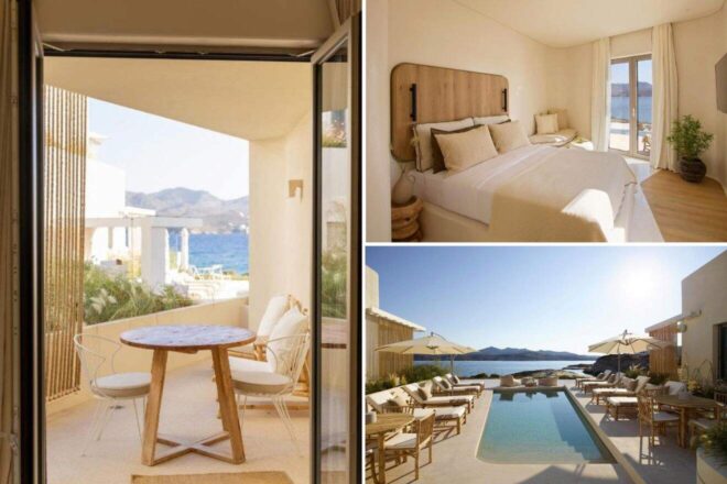 A collage of three hotel photos to stay in Milos: a balcony view opening to the sea with a small round table and chairs, a bedroom with a plush bed and balcony sea views, and a spacious pool area with loungers and a tranquil sea backdrop.
