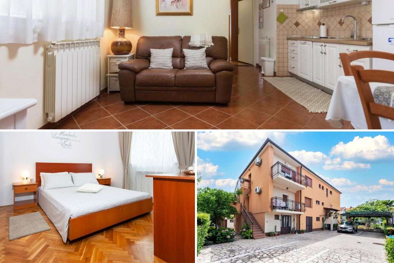 A collage of three budget apartment photos in Rovinj, Croatia: displaying a comfy living area with classic furniture, a neat bedroom with wood flooring, and a welcoming apartment complex entrance