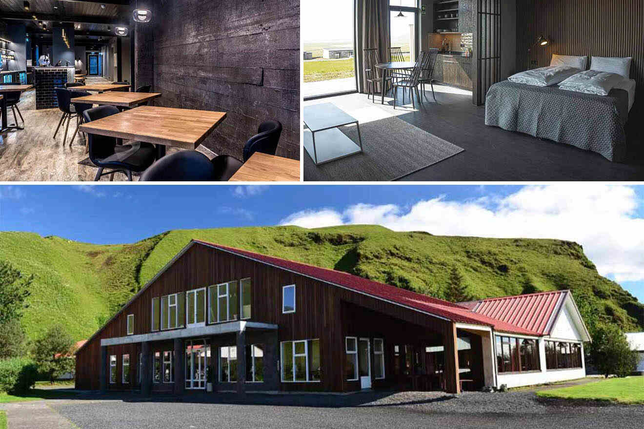 Vik hotel collage displaying a chic restaurant with an industrial vibe, a comfortable bedroom with grey tones and window views, and a wooden exterior hotel nestled in lush green hills