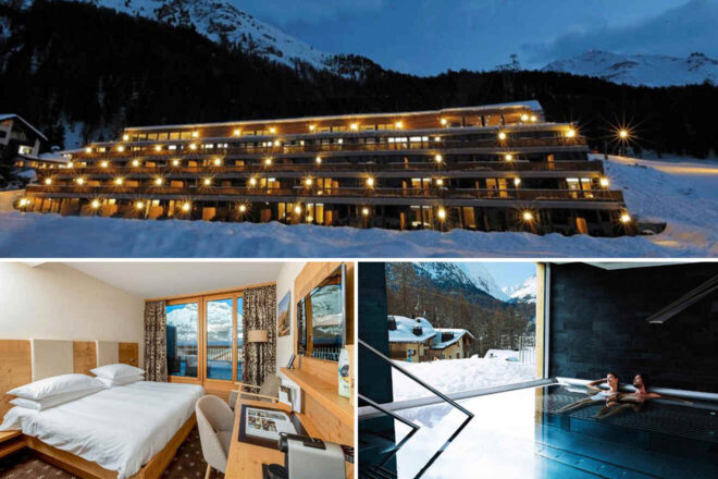 A winter evening at Nira Alpina with the hotel's tiered facade illuminated against the mountains, a comfortable bedroom with panoramic views from a private balcony, and guests relaxing in an outdoor hot tub, enjoying the snowy landscape