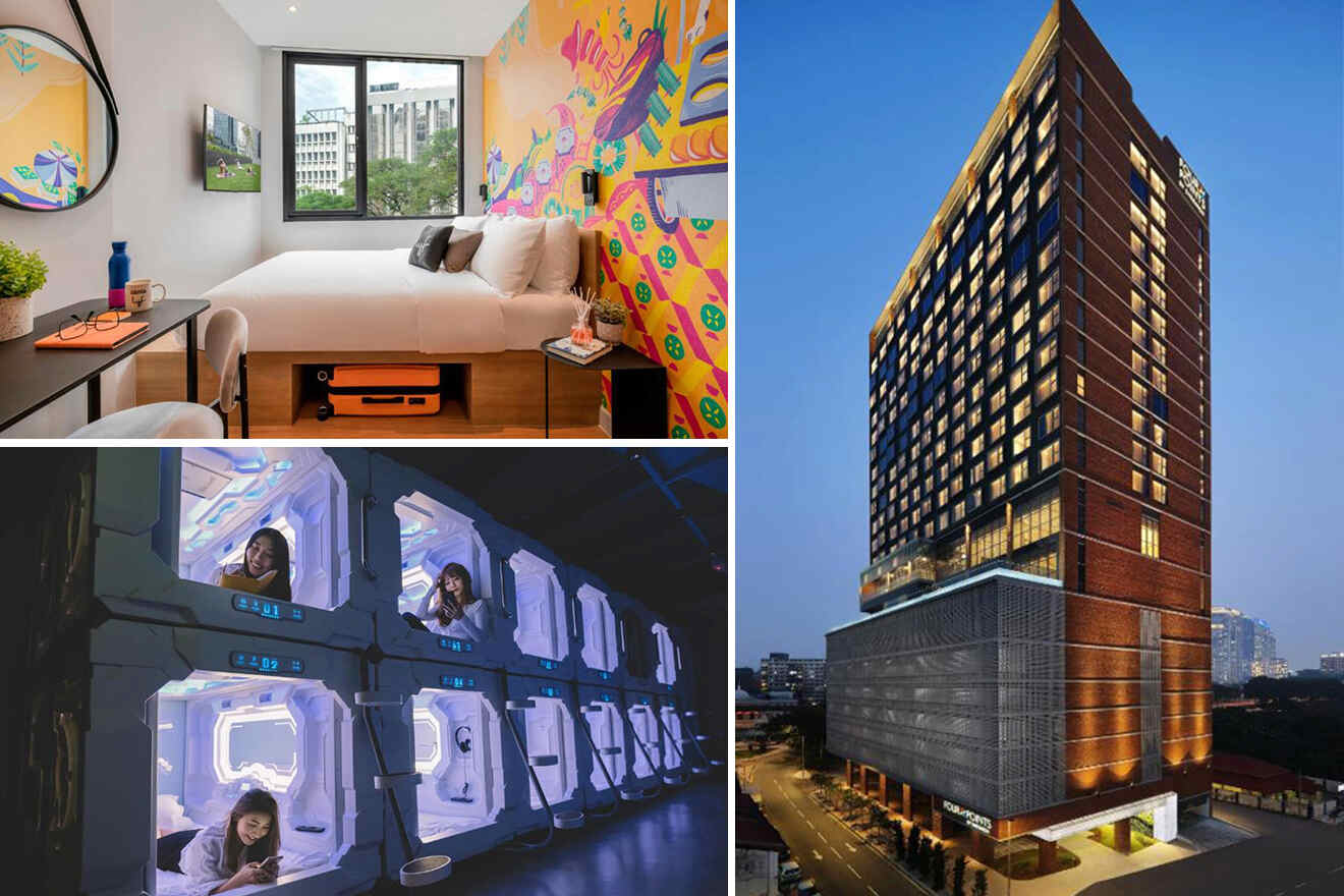 A collage of three hotel photos to stay in Chinatown: Vibrant Kuala Lumpur accommodation featuring a cozy room with colorful mural artwork, high-tech pod-style sleeping capsules for an urban lodging experience, and the modern hotel's exterior at dusk, illustrating a fusion of artistic charm and innovative design