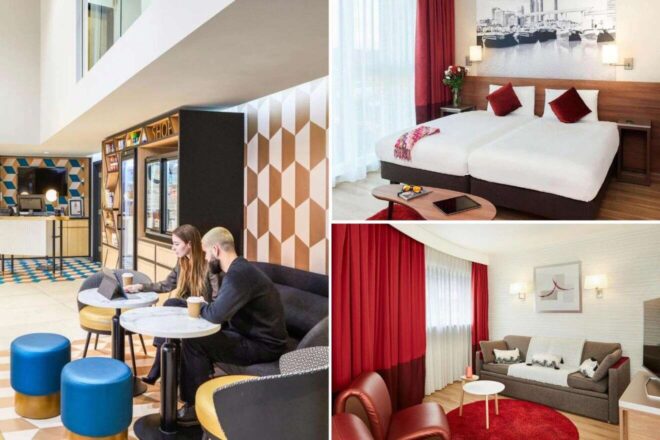 A collage of three hotel photos to stay in Birmingham: a modern workspace with two guests and colorful furniture, a bedroom with twin beds and an urban-themed mural, and a living area with a red couch, crisp white walls, and drapery.