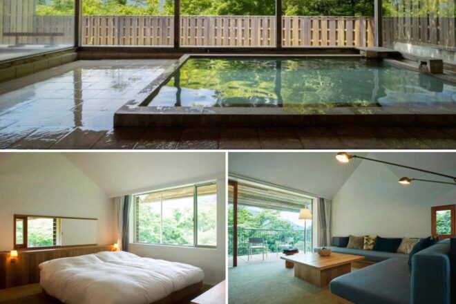 A collage of luxury hotel to stay in Sengokuhara: a spacious indoor onsen bath with wooden accents, a minimalist bedroom with large windows overlooking greenery, and a living area with modern furniture and patio access