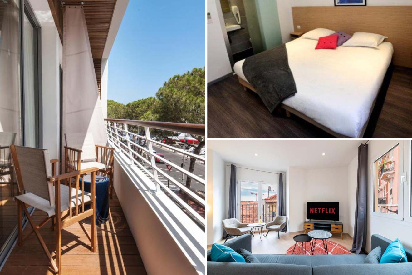 A collage of three hotel photos to stay in La Condamine & Moneghetti: A balcony with a street view and casual seating, a simple and comfortable bedroom with a wooden headboard, and a living space with a large screen TV and Netflix availability.