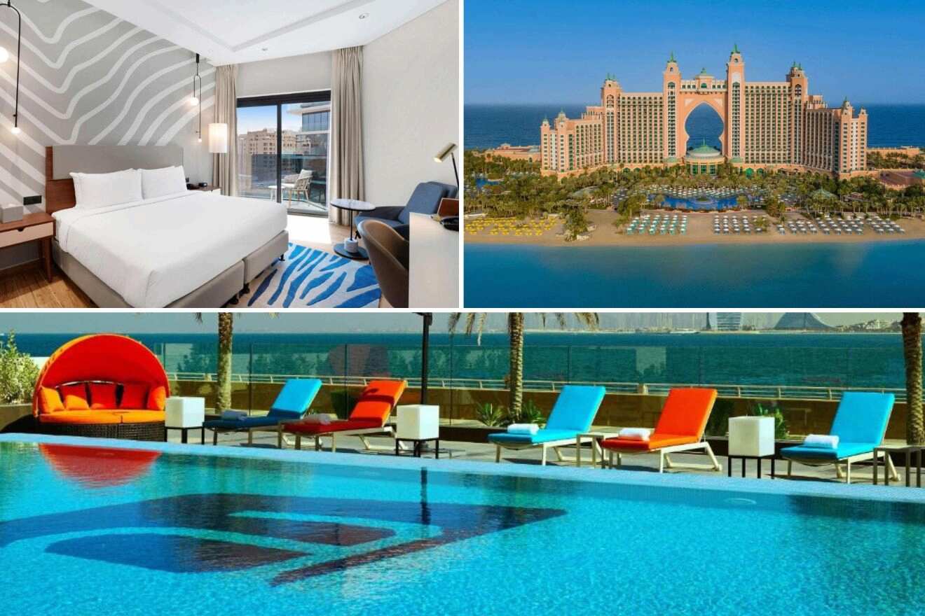 A collage of three hotel photos to stay in Palm Jumeirah with a pool: presenting a modern bedroom with sea views, a colorful private beach cabana by a serene pool, and the grand Atlantis The Palm resort with its expansive beachfront and pools