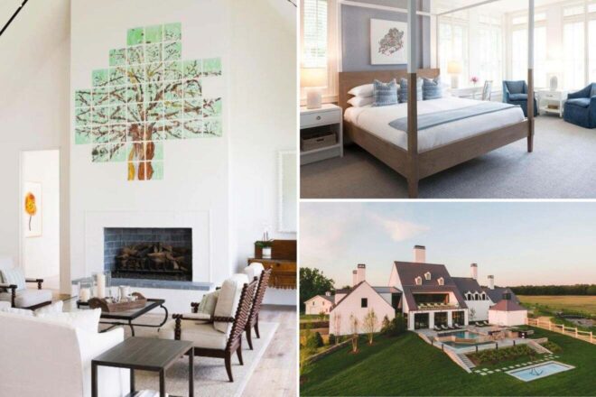 A collage of three hotel photos to stay in the Finger Lakes: a chic living room with a fireplace and abstract tree artwork, a modern bedroom with a canopy bed and light-filled windows, and a luxury exterior view of a hotel with an outdoor pool and expansive lawns.