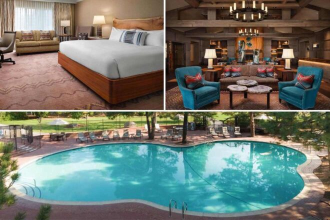 A collage of four hotel photos to stay in the Grand Canyon: An upscale hotel bedroom with a plush king bed and sitting area, a lodge-style hotel lounge with a central chandelier and Southwestern accents, and a large outdoor pool with curved edges surrounded by a patio with lounge chairs