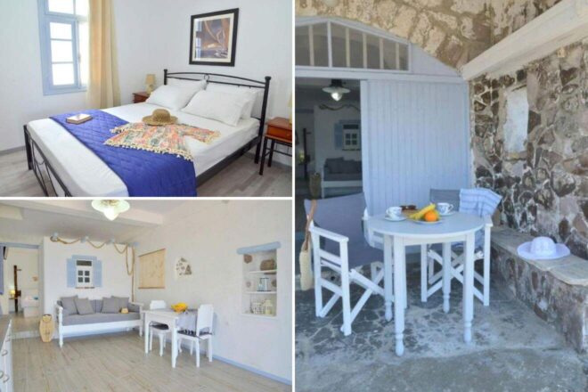 A collage of three hotel photos to stay in Milos: a bedroom with a marine-themed quilt and rustic furniture, a comfortable living space with maritime decor, and an outdoor seating area with a white table and chairs set against an old stone building.