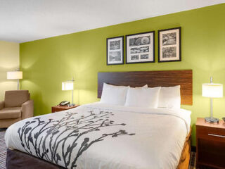 Vibrant green accent wall in a Sleep Inn & Suites room with contemporary decor and framed pictures