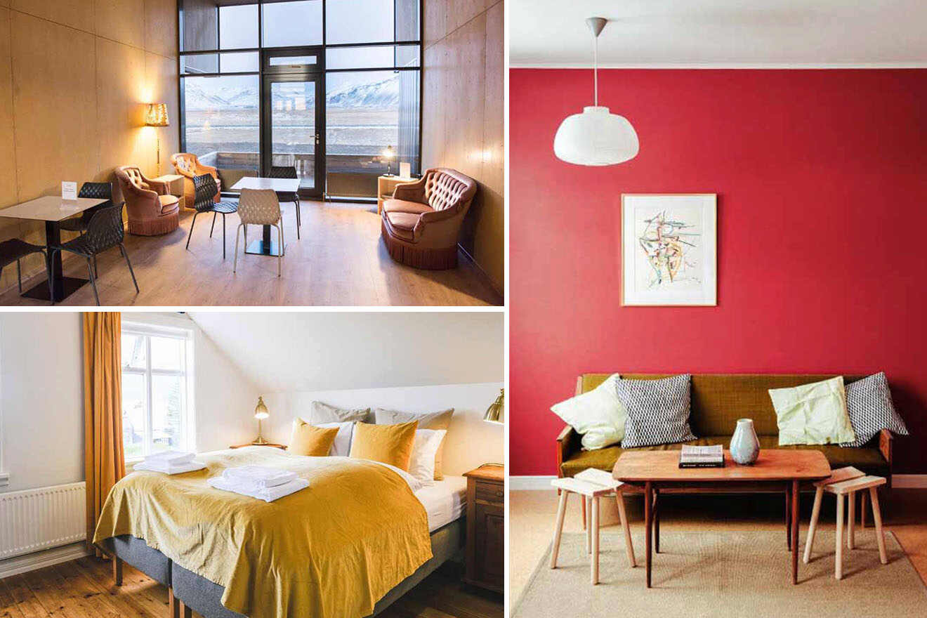 East Coast hotel showcase including a lounge with panoramic windows facing snow-capped mountains, a bedroom with warm accents and a seaside view, and a bright red accent wall in a cozy living space