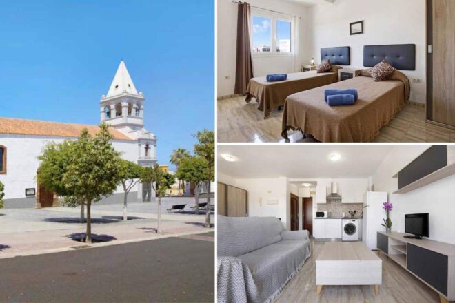 A collage of luxury hotel to stay in Puerto del Rosario:  a classical church in a serene plaza, a twin bedroom with a coastal vibe, and a cozy living room with contemporary furnishings