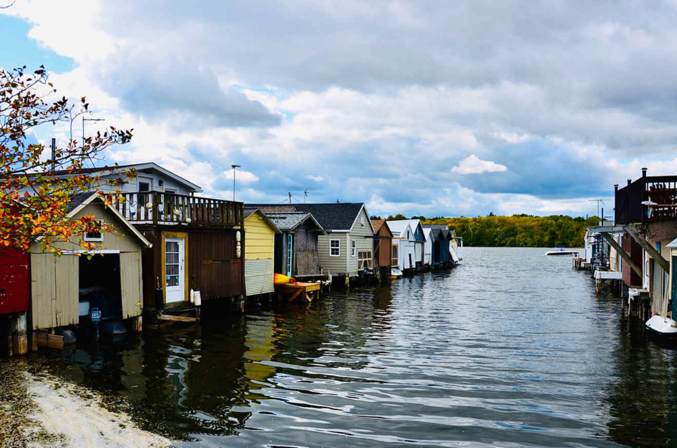 Colorful boathouses lined along a serene waterway with autumn foliage.