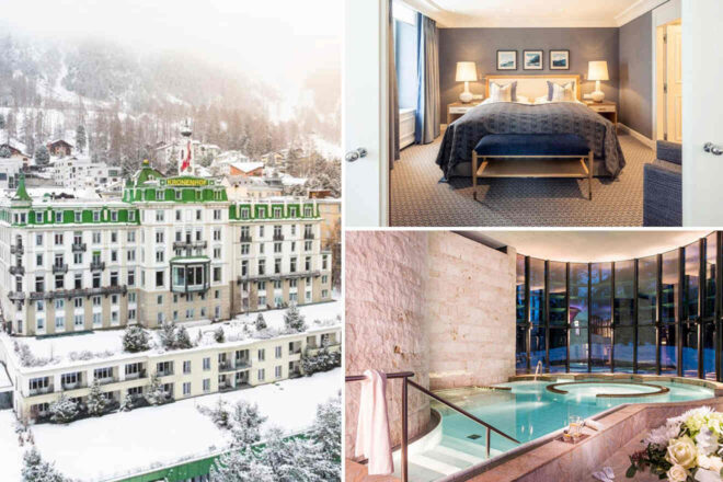 Winter charm at the Grand Hotel Kronenhof, with a bird's-eye view of its grand white façade and green rooftop against the snowy hills, a sophisticated hotel room with a blue and grey palette, and a luxurious indoor pool with floor-to-ceiling windows offering a stunning mountain vista