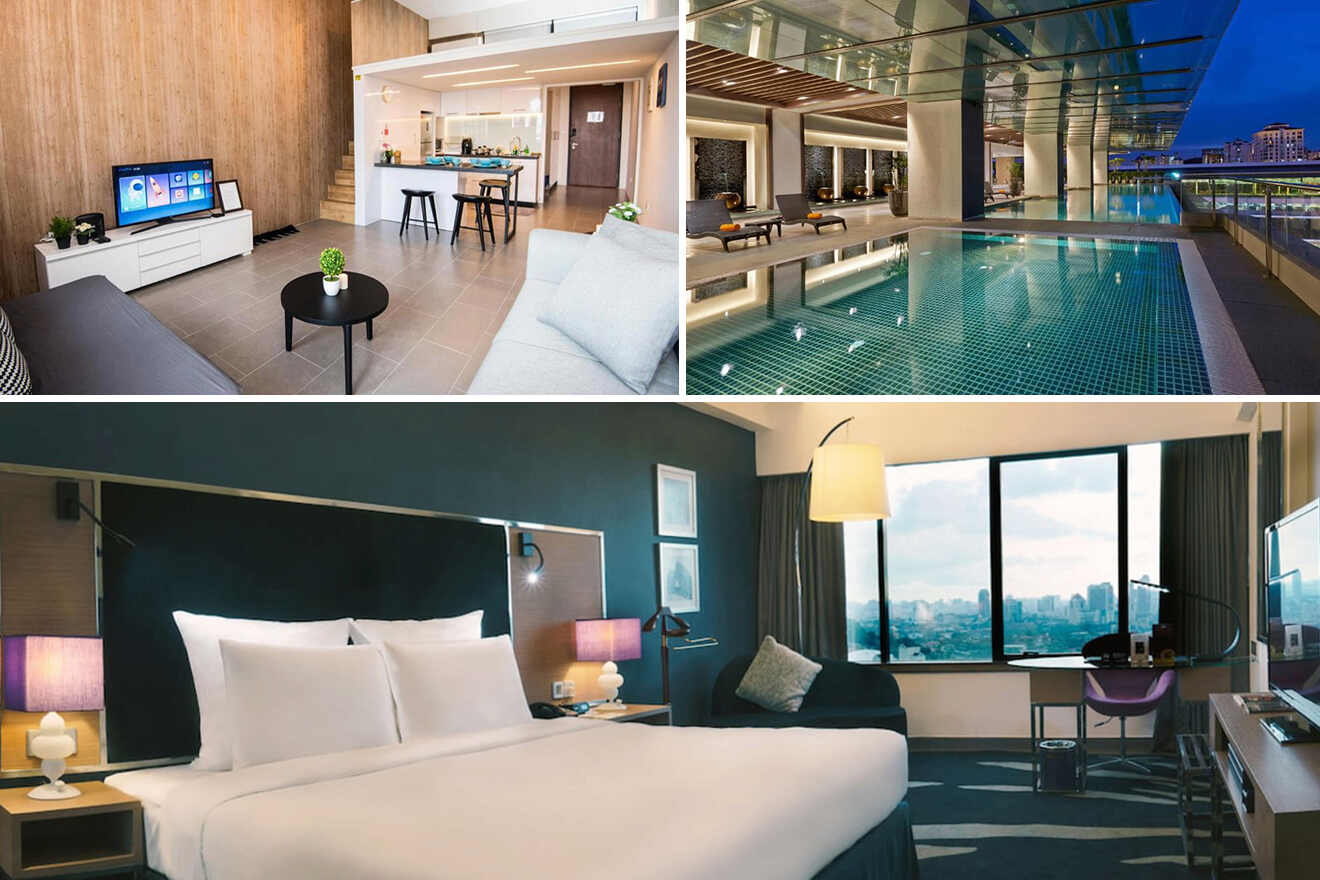 A collage of three hotel photos to stay in Bangsar: Modern Kuala Lumpur hotel offering a sleek living space with a wooden feature wall and plush seating, a tranquil rooftop pool under a glass canopy, and an elegant bedroom with a city view through floor-to-ceiling windows, combining luxury and comfort for travelers