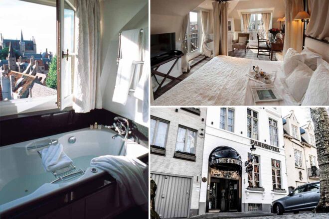 "Collage of The Pand Hotel in Bruges; a luxurious bathtub with a view over the rooftops, a romantic bedroom with delicate linens and balcony, and the hotel's charming white exterior with black accents