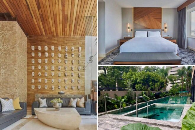 A collage of three hotel photos to stay in Guadalajara: a stylish sitting area with a wall adorned with ceramic faces, a minimalist bedroom overlooking lush trees, and an inviting pool with glass barriers nestled among verdant foliage.