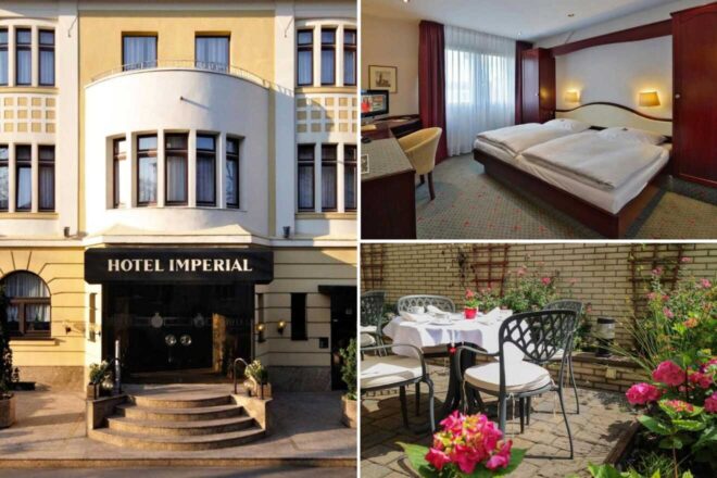 A collage of three hotel photos to stay in Cologne: the classic entrance of Hotel Imperial with a traditional facade, a simple yet comfortable hotel room with a touch of elegance, and a charming outdoor seating area surrounded by lush plantings