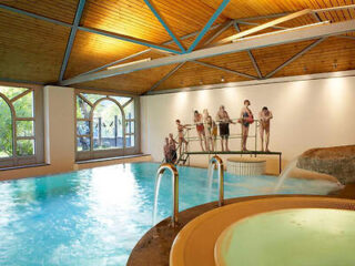 Indoor hotel pool with wooden ceiling and large windows for natural light