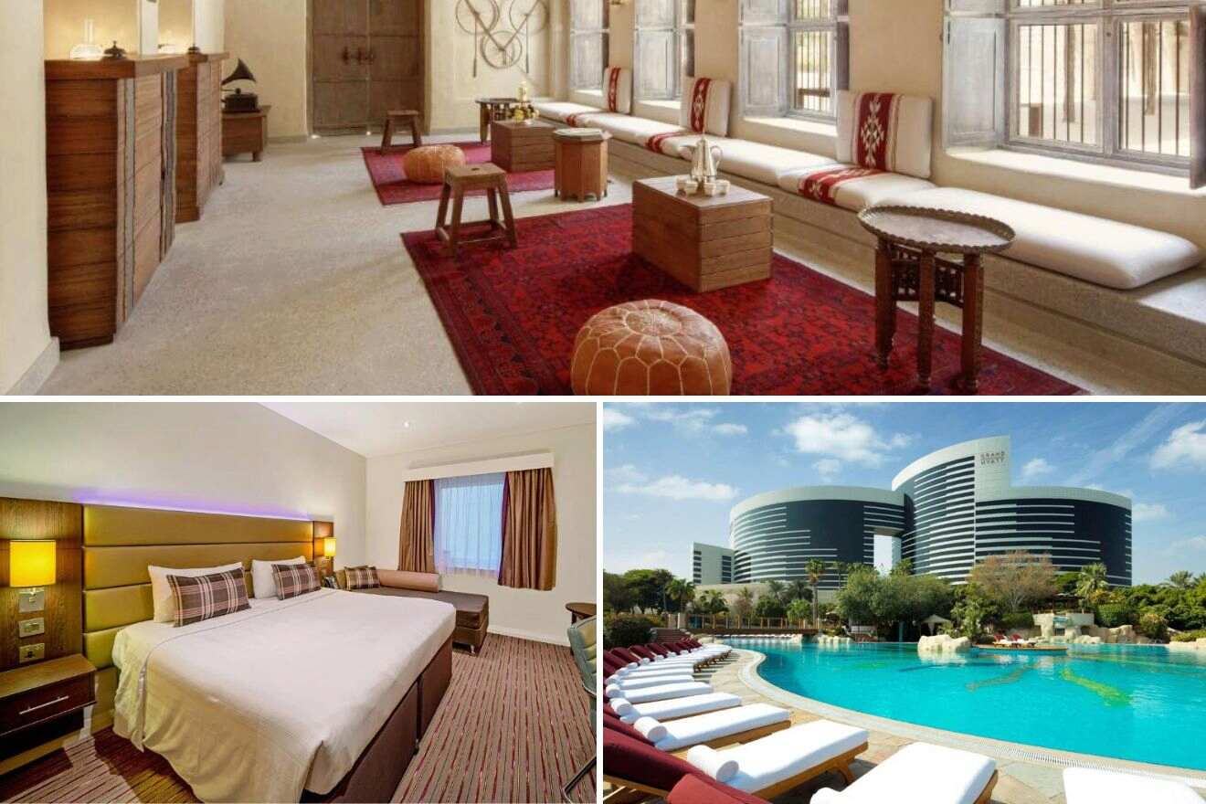 A collage of three hotel photos to stay in Bur Dubai for shopping: capturing a tranquil spa setting with traditional seating, a comfortable bedroom with warm lighting, and the curved architecture of the Sheraton Dubai Creek Hotel & Towers by a palm-lined pool