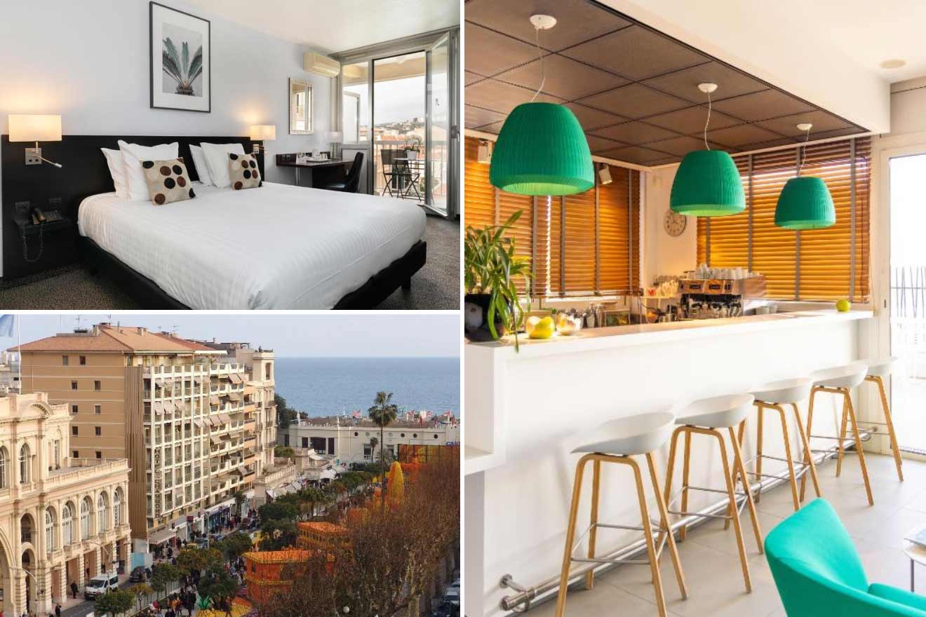 A collage of three hotel photos to stay in Menton: A hotel room with a picture of palm leaves above the bed and balcony views of the city, a bright kitchen area with vibrant green pendant lights, and a picturesque street view of a classic hotel facade.