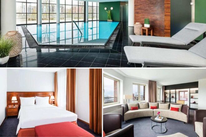 A collage of three hotel photos to stay in Frankfurt: an indoor pool with floor-to-ceiling windows and a tranquil water view, a bedroom with simple decor and vibrant color accents, and a circular seating area in a spacious suite with a panoramic city view