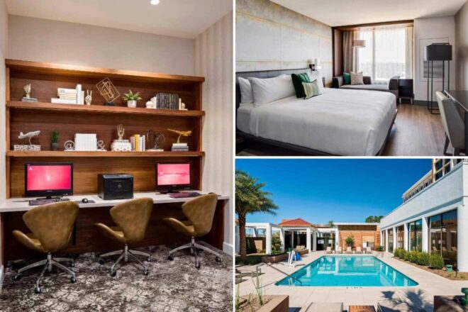 A collage of three hotel photos to stay in Charleston: a business center with modern computers and golden chairs, a minimalist bedroom with a plush bed and city view, and a courtyard pool surrounded by palm trees and cabanas.