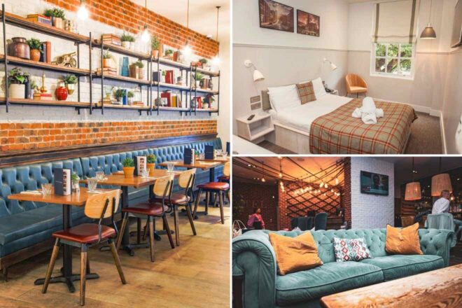 A collage of three hotel photos to stay in Birmingham: a restaurant with blue booths and brick walls adorned with shelving and plants, a compact and neatly arranged bedroom with plaid bedding, and a plush green velvet couch in a lounge area with warm lighting and wall decor.