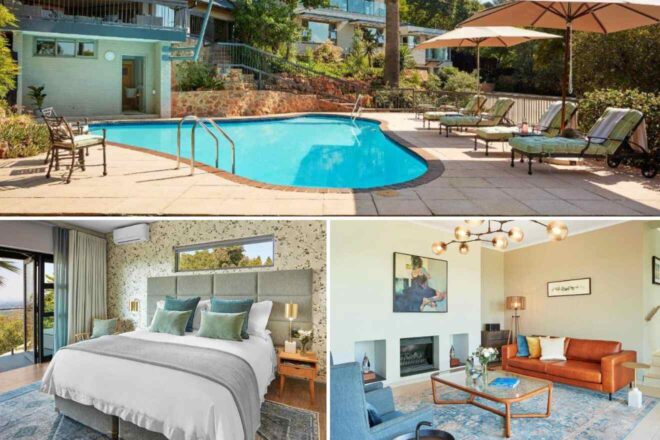 A collage of three hotel photos to stay in Johannesburg: a family-friendly backyard pool with greenery and lounge chairs, a serene bedroom with a nature view and modern decor, and a bright living area with a fireplace and chic furniture