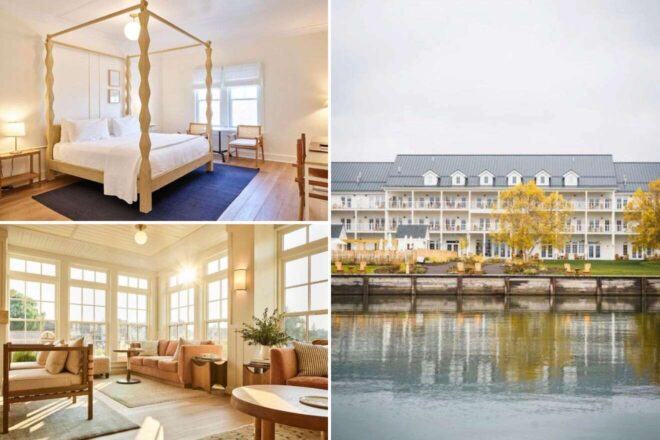 A collage of three hotel photos to stay in the Finger Lakes: a minimalist bedroom with a four-poster bed and warm natural light, a bright and airy lounge space with plush sofas and tall windows, and a serene waterfront hotel view with autumnal trees.