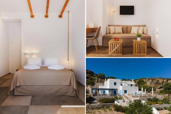 A collage of three hotel photos to stay in Milos: a bedroom with simple elegance, featuring tan linens and unique pendant lights, a living area with a cozy sofa and wooden coffee tables, and an inviting exterior of a traditional white Greek house with blue shutters and a stone courtyard.