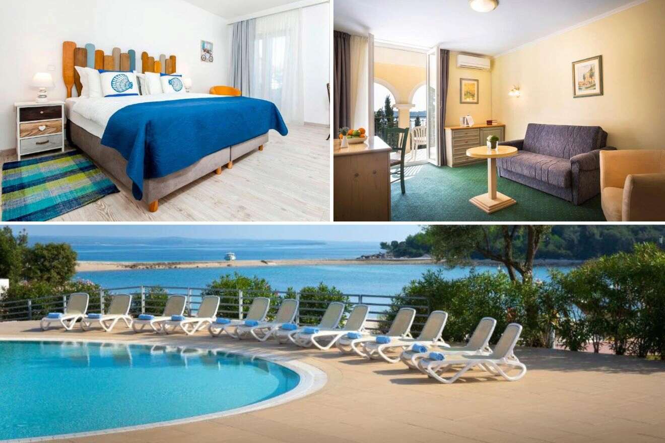 A collage of three hotel photos to stay in Rovinj: a bedroom with a vibrant blue bedspread and wooden headboard, a living room with a balcony that opens up to a sea view, and a tranquil poolside lined with sun loungers overlooking the Adriatic Sea.