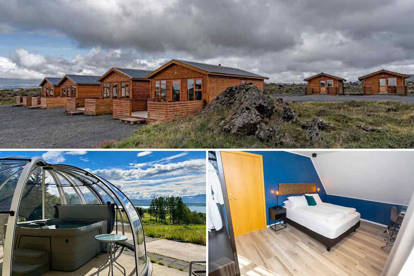North Iceland accommodation selection featuring wooden cabin exteriors in a rugged landscape, a spa with a transparent dome cover, and a minimalist bedroom with serene nature views