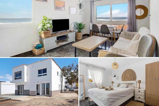 A collage of luxury hotel to stay in El Cotillo:  a breezy living room with a beach view, an inviting dining area with natural light, and a contemporary bedroom with neutral tones and artisanal decor