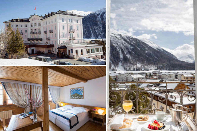 A serene collage of Hotel Bernina 1865 nestled in a snowy landscape, showcasing the hotel's classic pink façade, a cozy wooden-beamed room with mountain artwork, and a balcony breakfast with a picturesque view of the alpine village and peaks