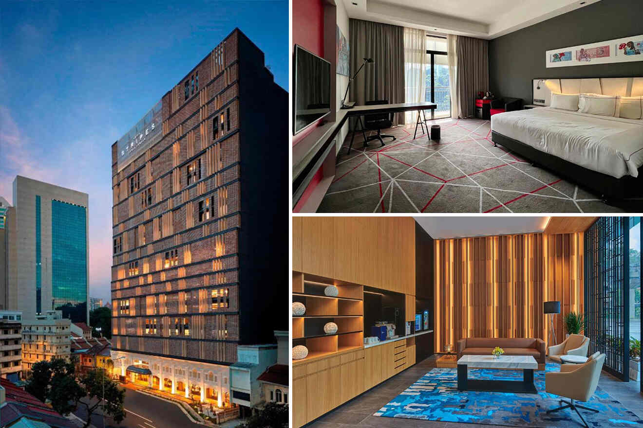 A collage of three hotel photos to stay in Chow Kit: striking architectural exterior, a spacious modern bedroom with panoramic windows, and a cozy lounge area featuring warm wood tones and stylish decor, highlighting the hotel's luxurious amenities and design