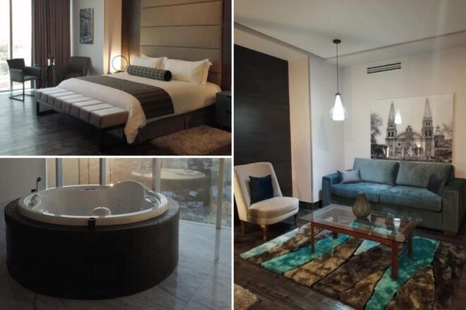 A collage of three hotel photos to stay in Guadalajara: a bedroom with expansive windows and chic furnishings, a living room with contemporary art and a sofa, and a private jacuzzi with a city view through floor-to-ceiling windows.