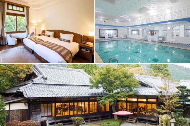 A collage of luxury hotel to stay in Miyanoshita:a room with a forest view through large windows, a spacious indoor swimming pool with classical architecture, and a traditional Japanese ryokan exterior surrounded by lush greenery