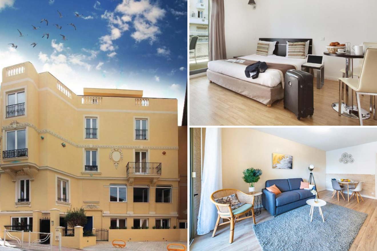 A collage of three hotel photos to stay in Beausoleil: A bright yellow hotel building under a clear blue sky with birds in flight, a bedroom with a large window and modern decor, and a chic living area with a grey sofa and abstract wall art