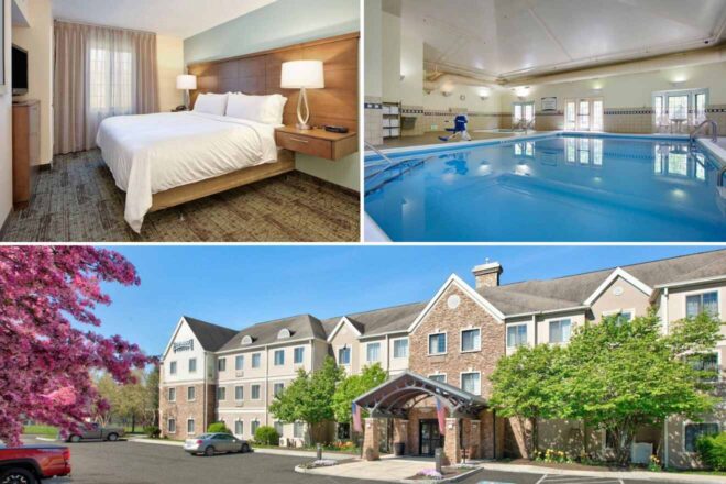 A collage of three hotel photos to stay in the Finger Lakes: a standard hotel room with simple furnishings and a large window, an indoor pool area with clear blue water, and a welcoming hotel front with stone accents and flowering trees.
